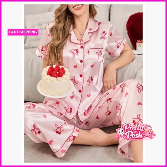 Women's Satin Pajama Set Button Down Short Sleeve Pants Sleepwear - Picture 3 of 6